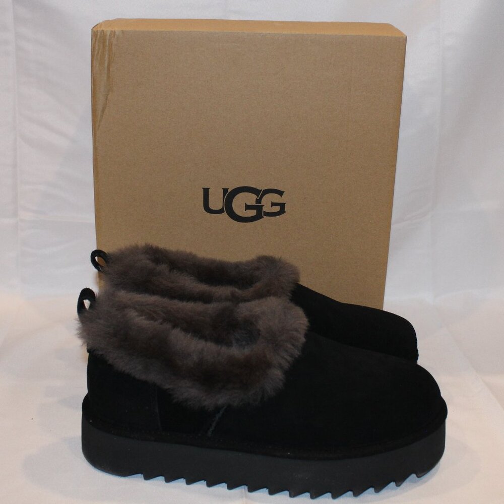 UGG NITA WOMEN'S SUEDE SHEARLING LINED SLIPPERS ANKLE BOOTS BLACK‎ GRAY